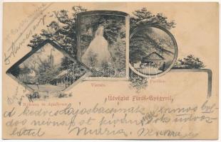 1903 Feredőgyógy, Fürdőgyógy, Algyógyfürdő, Geoagiu-Bai, Feredeu; Rákóczi és Apaffy sor, vízesés, pavilon / spa, waterfall, pavilion. Art Nouveau, floral (ázott / wet damage)
