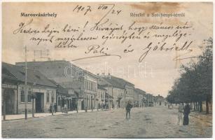 1907 Marosvásárhely, Targu Mures; Széchenyi tér, Medgyesfalvi szesz nagyraktár, vendégfogadó a Naphoz, Hoel Adria, üzletek / square, liquor store, inn, hotel, shops (ázott / wet damage)