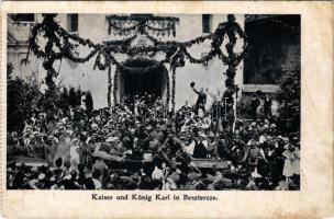 Beszterce, Bistritz, Bistrita; Kaiser und König Karl in Besztercze / IV. Károly király ünnepélyes fogadtatása, katonák / WWI K.u.K. military, Charles I of Austria in Bistrita, soldiers, automobil (r)
