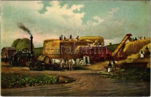 1919 Hofherr-Schrantz cséplőgépek reklámja / Hungarian agricultural machine factory advertisement card with threshing machine, litho (EK)