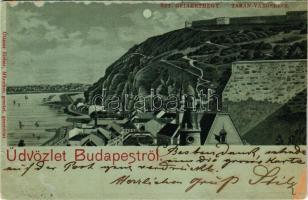 1901 Budapest I. Tabán városrész, Szent Gellérthegy este holdfényben. Ottmar Zieher Art Nouveau litho (ázott / wet damage)