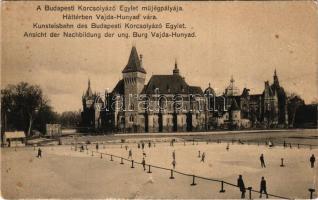 Budapest XIV. Budapesti Korcsolyázó Egylet műjégpályája télen, háttérben a Vajdahunyad vára, jégkorcsolyázók, téli sport (szakadás / tear)