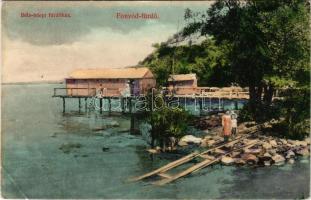 1911 Fonyód, Bélatelepi fürdőház, sínek. Kajos Vilmos kiadása (EB)