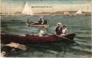 1925 Balatonföldvár, csónakázók a Balatonon. Gerenday Gyula kiadása