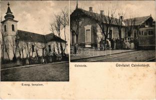 1908 Budapest XVI. Cinkota, HÉV (Helyiérdekű Vasút) vasútállomás, vonat, Evangélikus templom. Vános Manó kiadása (fl)