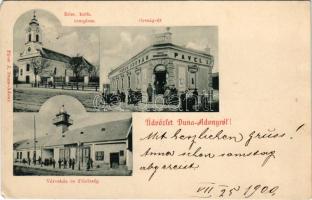 1900 Adony, Duna-Adony; Római katolikus templom, Országút, Városháza és tűzőrség, tűzoltószertár, Pável István üzlete és saját kiadása (EM)