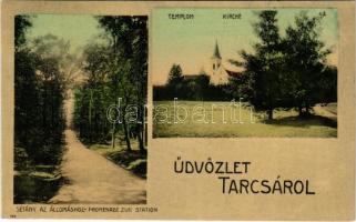 1909 Tarcsa, Tarcsafürdő, Bad Tatzmannsdorf; Sétány a vasútállomáshoz, templom. Hönigmann Jakab kiadása / Promenade zur Station, Kirche / alley to the railway station, church (Rb)