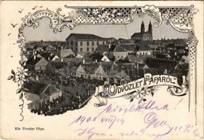 1900 Pápa, piac, zsinagóga. Kis Tivadar kiadása, Art Nouveau, floral (EK)