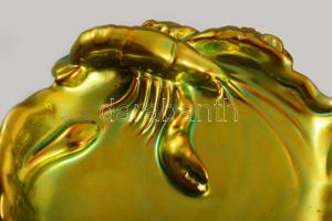 Zsolnay névjegykártya tartó tál plasztikus homár és kígyó alakokkal díszítve. Többszínű selyemfényű ...