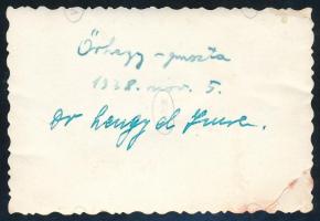 1938 Őrhegy-puszta, katonák féllánctalpas tüzérségi vontatóval és ágyúval, a hátoldalon feliratozott...