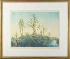 Gross Arnold (1929-2015): Domboldal. Színes rézkarc, papír, jelzett, próbanyomat próba jelzéssel, üvegezett faskeretben, 29x39,5 cm