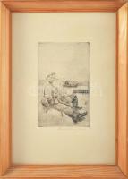 Dombrovszky László (1894-1984): Pihenő munkások. Rézkarc, papír, jelzett, üvegezett fakeretben, 16x9,5 cm