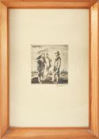 Szász Endre (1926-2003): Három vándor. Rézkarc, papír, jelzett, üvegezett fakeretben, 9,5x9 cm. Ritka, korai munka!