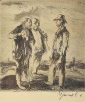 Szász Endre (1926-2003): Három vándor. Rézkarc, papír, jelzett, üvegezett fakeretben, 9,5x9 cm. Ritk...
