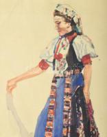 Mühlbeck Károly (1869-1943): Menyecske népviseletben, 1941. Akvarell, papír, jelzett, lapszéli apró ...