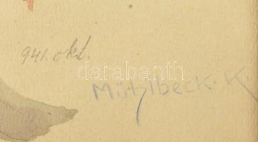 Mühlbeck Károly (1869-1943): Menyecske népviseletben, 1941. Akvarell, papír, jelzett, lapszéli apró ...