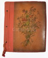 cca 1920-1940 Fotóalbum vegyes felvételekkel, közte újságárus a Grand Café Astoria előtt, dohányboltok, csoportképek, portrék, családi fotók, összesen 38 db beragasztott fotó, vegyes méretben, zsinórfűzéses albumban, 34,5x28,5x2,5 cm