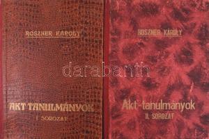 Roszner Károly: Akt-tanulmányok. I-II. sorozat. I. sorozat: Boros Mihály: Az akt és a korerkölcs. - - bevezetője. II. soroztat: Elek Artúr: Hogyan nézzünk és hogyan ne nézzünk képet. (Bp.), [1941.]-1943., (Hungária-ny.), 2+8 p. + 12 (hártyapapírral védett akt tanulmány) t.; 22 p. + 12 (hártyapapírral védett akt tanulmány) t.+2 p. Kiadói aranyozott félvászon-kötések, kopott borítókkal, a lapok szélein foltokkal, sérülésekkel.