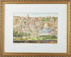 Lavi jelzéssel: Jeruzsálem látképe. Ofszet nyomat, papír. Dekoratív, üvegezett fakeretben. 19x28 cm