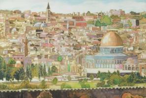 Lavi jelzéssel: Jeruzsálem látképe. Ofszet nyomat, papír. Dekoratív, üvegezett fakeretben. 19x28 cm