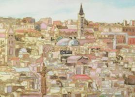 Lavi jelzéssel: Jeruzsálem látképe. Ofszet nyomat, papír. Dekoratív, üvegezett fakeretben. 19x28 cm