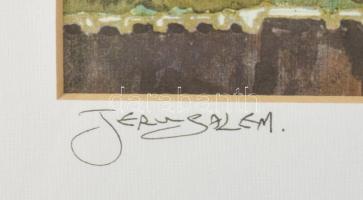 Lavi jelzéssel: Jeruzsálem látképe. Ofszet nyomat, papír. Dekoratív, üvegezett fakeretben. 19x28 cm