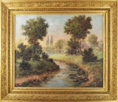 Veress Zoltán (1868-1935): Vízparti táj. Olaj, vászon, jelzett, dekoratív fakeretben, 50×60 cm