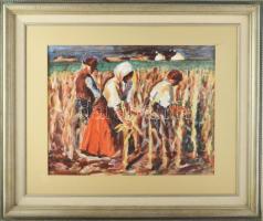 Jelzés nélkül, Koszta József után: Kukoricatörők. Olaj, vászon, kartonon, dekoratív fakeretben, paszpartun szakadással, 30×39 cm