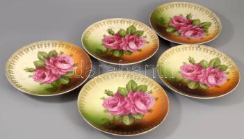 5 darabos rózsamintás tál szett, kopással, d: 18 cm