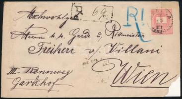 1887 5kr díjjegyes boríték, a díjjegy dombor nyomata erősen eltolódott, ajánlott levélként "MEHALA TEM(ES M)" - Bécsbe ( a díjkiegészítés és a boríték sarka hiányzik / demaged, missing stamp)