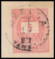 1887 5kr díjjegyes boríték, a díjjegy dombor nyomata erősen eltolódott, ajánlott levélként "MEH...