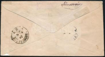 1887 5kr díjjegyes boríték, a díjjegy dombor nyomata erősen eltolódott, ajánlott levélként "MEH...