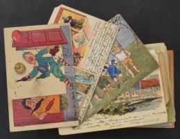 94 db RÉGI és MODERN sérült lap, humor, művészet, grafikai, színész stb. köztük Usabal, Bompard, Geiger Richárd, Lungers Hausen stb. / 94 pre-1945 and modern damaged postcards in various topics