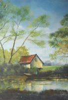 Pituk jelzéssel: Halász a csónakban. Olaj, farost. Sérült. 50×35 cm.