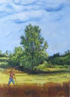 Nagy I jelzéssel: Kaszáló. Olaj, farost. 50×37 cm.