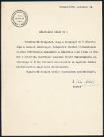 1934 Szeged, M. Kir. Ferencz József Tudományegyetem e. i. rektora, Dr. Kiss Albert (1874-1937) jogász, egyetemi tanár gépelt levele, "Méltóságos Dékán úr!" megszólítással, benne felkéréssel a Nemzeti Hadsereg Budapestre való bevonulásának 15. évfordulója alkalmából rendezett ünnepségen való megjelenésre, autográf aláírással, fejléces papíron, 1 sztl. lev.