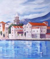 Somos jelzéssel: Mediterrán vízparti város. Olaj, farost. Bal alsó sarkában kissé sérült. 40×35 cm.