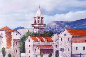 Somos jelzéssel: Mediterrán vízparti város. Olaj, farost. Bal alsó sarkában kissé sérült. 40×35 cm