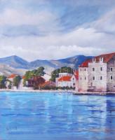 Somos jelzéssel: Mediterrán vízpart. Olaj, farost. 40×33,5 cm.