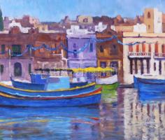 Somos jelzéssel: Kikötő hajókkal. Olaj, farost. 50×31,5 cm