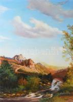 Olvashatatlan jelzéssel: Romantikus táj. Olaj, farost. 50×36 cm.