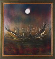 Jelzés nélkül: Szürreális táj. Olaj, farost. Dekoratív fakeretben. 50×47 cm.