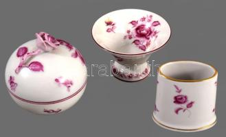 3 darabos Herendi asztali készlet. rózsa mintás. Kézzel festett, jelzett, hibátlan d: 8 cm, 5,5 cm
