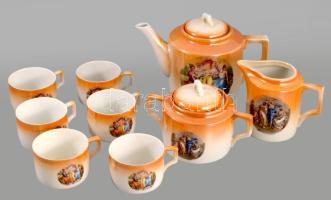 Zsolnay mitológiai jelenettel díszített, irizáló porcelán teáskészlet, 6 személyes, kanna, kiöntő, cukortartó, 6 db csésze aljak nélkül. Matricás, jelzett, hibátlan