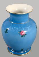 cca 1930 Kék alapon rózsamintás váza. Jelzett, alján repedéssel, m: 19,5 cm