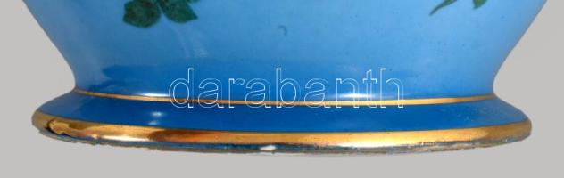 cca 1930 Kék alapon rózsamintás váza. Jelzett, alján repedéssel, m: 19,5 cm