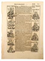 1493 Ősnyomtatvány - a híres Schedel krónika lapja, rajta középkori uralkodók és egyházi méltóságok fametszetű képével. A lapon érdekes Bibliai tárgyú leírások, melyben a szerző leírja Júdea királyának Jóásnak (Jehoás) történetét, aki Áházia király fiaként született. Amikor nagyanyja, Atália kiirtotta férjének és fiának minden leszármazottját, hogy a trónt megkaparintsa, a 3 éves Joást nagynénje, Josába megmentette, és férjével, Jójáda főpappal együtt titokban, saját fiukként nevelték fel.  1493.-ban jelent meg az első nyomtatott világkrónika, amelyben Buda legrégibb hitelesnek tekinthető látképe is fennmaradt. A könyvnek számos magyar vonatkozása is van. A mintegy 600 lapos, nagyméretű ősnyomtatvány a 15. századi könyvművészet kimagasló emléke. A Lap mérete 32x44 cm. Művelődéstörténeti és könyvtörténeti kuriózum. RITKASÁG!
