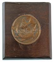 DN "Halak" egyoldalas, öntött bronz horoszkóp (?) érem, fa talapzaton (érem:43mm ; talapza...