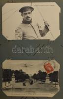 56 db főleg RÉGI repüléssel, repülőgéppel kapcsolatos motívum és város képeslap 84 férőhelyes szecessziós virágos albumba rendezve / 56 mainly pre-1940 motive and town postcards: flying, aircrafts, pilots organized in an Art Nouveau album with 84 posts