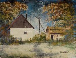 Andrásy Róbert (-): Tanya gémeskúttal. Olaj, vászon, vakráma nélkül. 33x42,5 cm